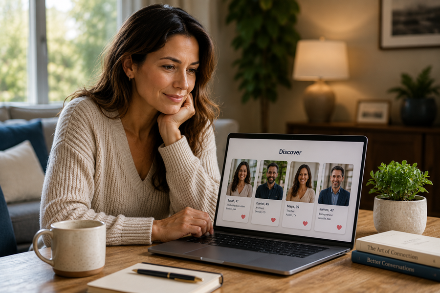 Single woman browsing profiles thoughtfully at home