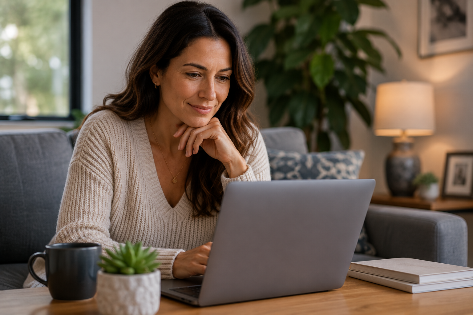Woman thoughtfully browsing potential connections on a laptop
