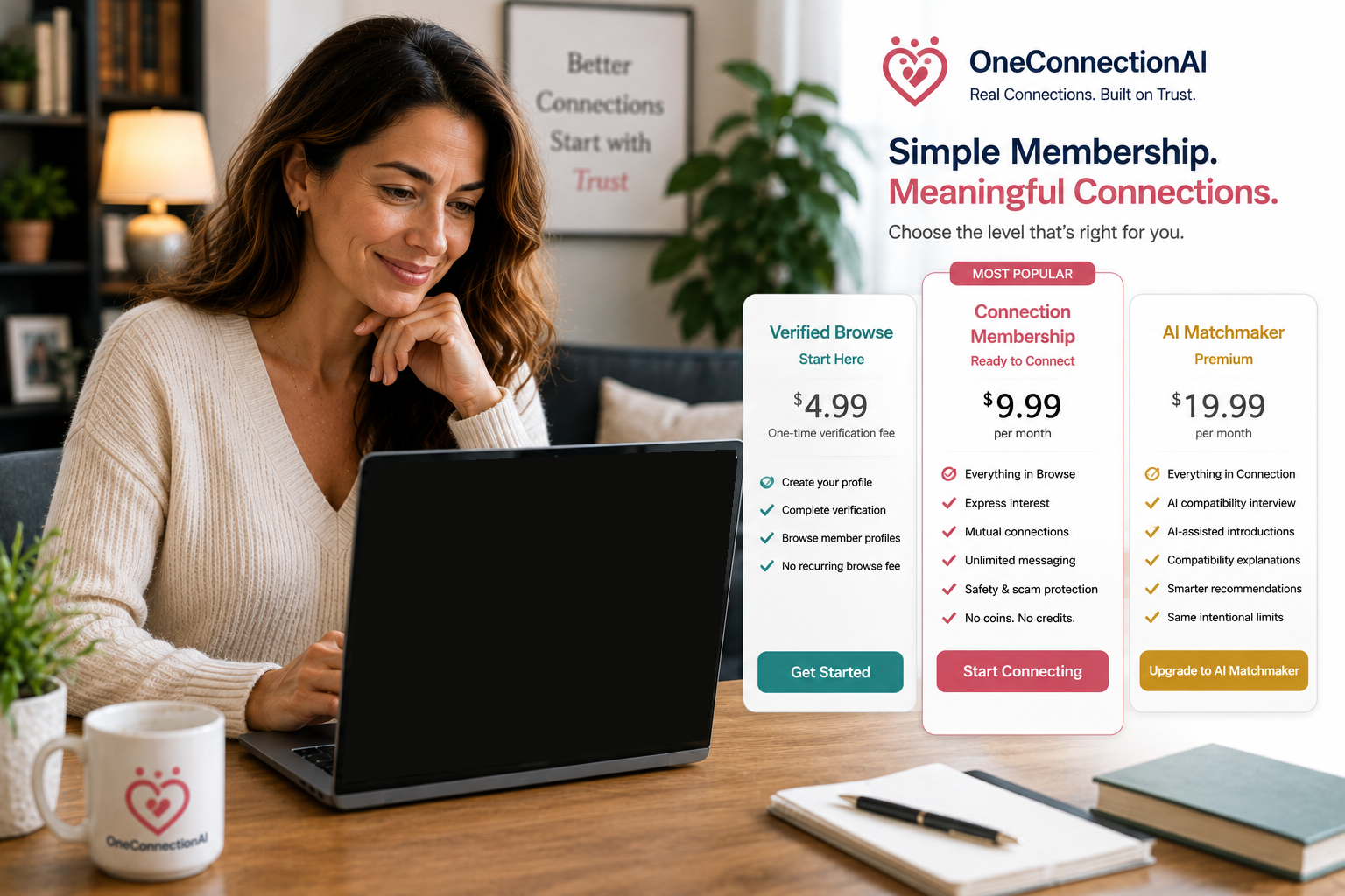 OneConnectionAI member reviewing simple transparent membership options